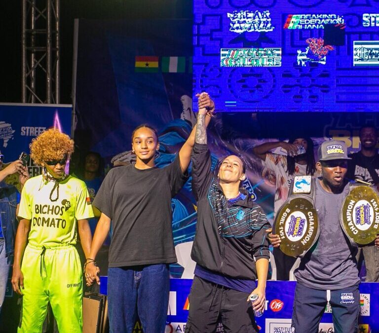 Benin’s Bboy Smith and South Africa’s Bgirl Courtnae Paul Shine at Afro Break International Championship in Accra