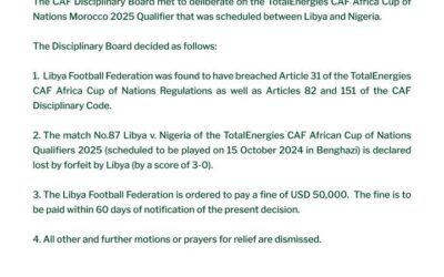 CAF Awards Nigeria Forfeit Victory Over Libya Due to Security Breach