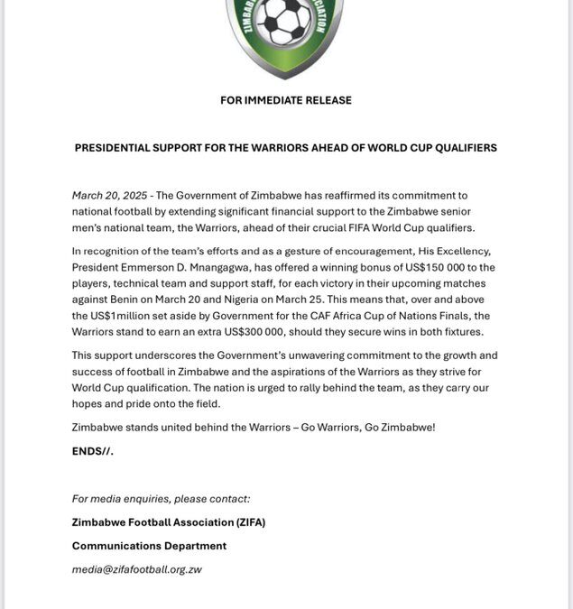 Zimbabwe’s Warriors Get Government Backing as They Prepare for Super Eagles Showdown