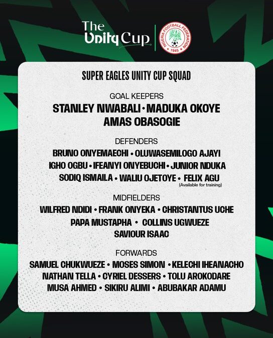 Super Eagles Name Strong Squad for Unity Cup Showdown Against Ghana