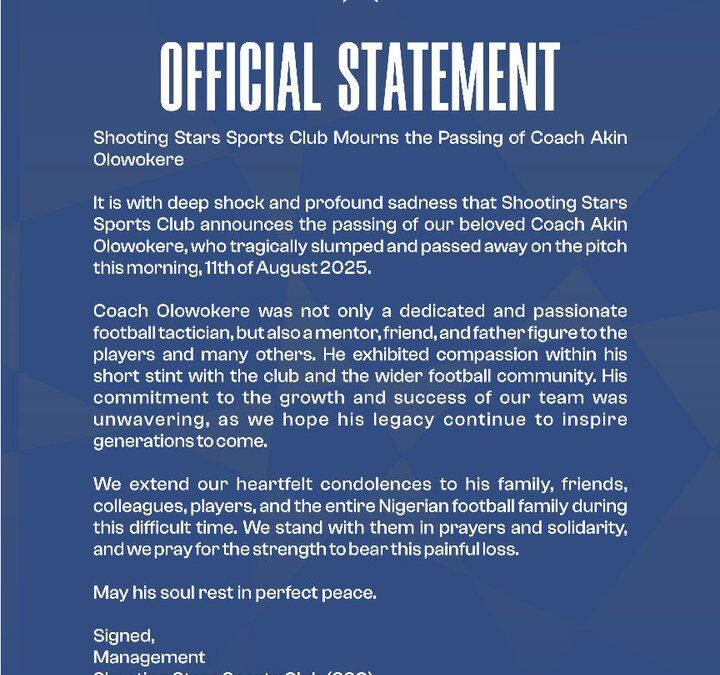 Tragedy Strikes Nigerian Football: Shooting Stars’ Assistant Coach Akin Olowokere Passes Away on Pitch
