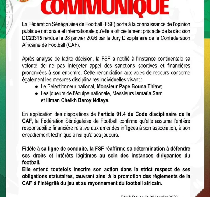 Senegal Accepts CAF Sanctions, Rules Out Appeal and Pledges to Pay $615,000 in Fines